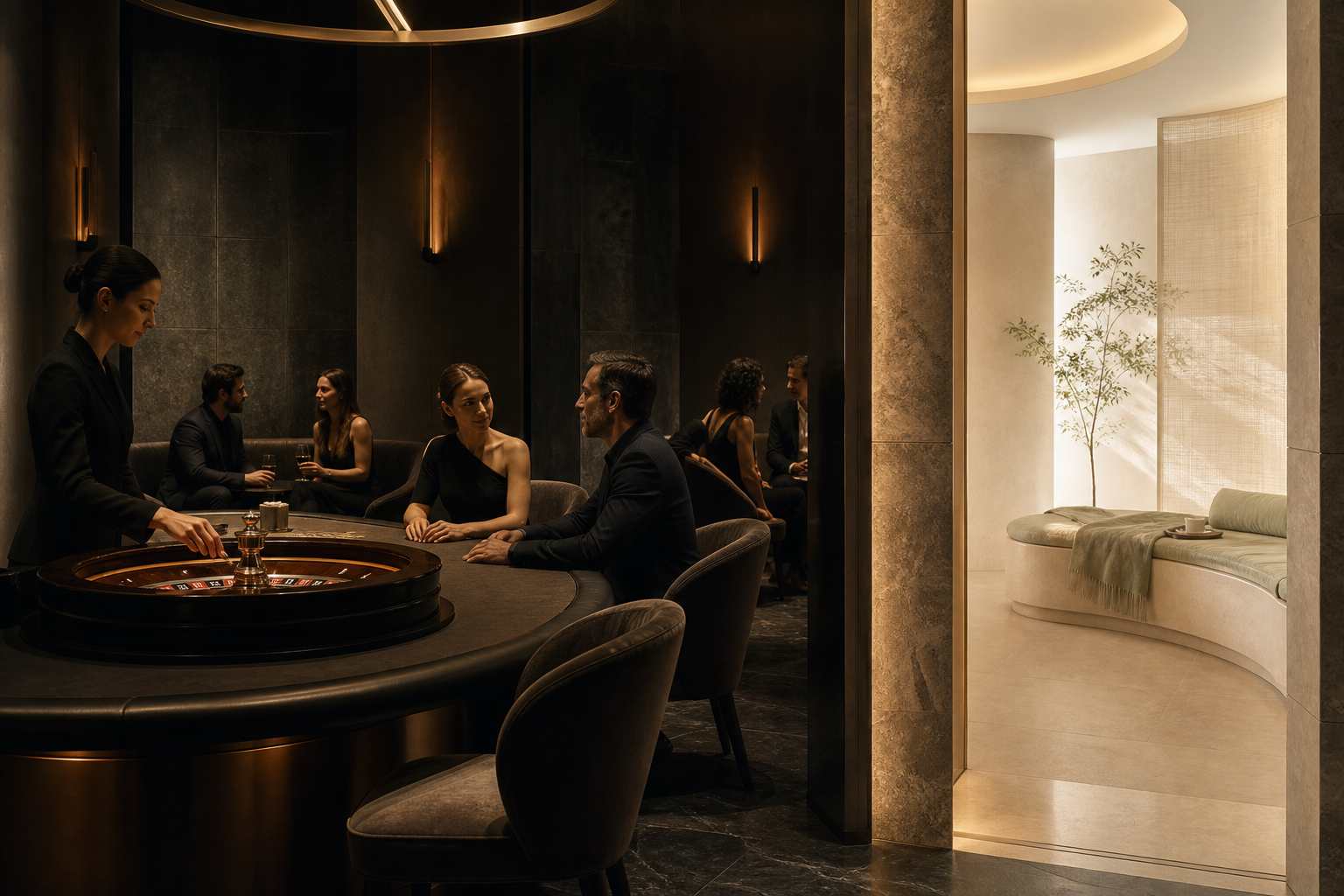 A sophisticated dark roulette salon beside a luminous wellbeing room