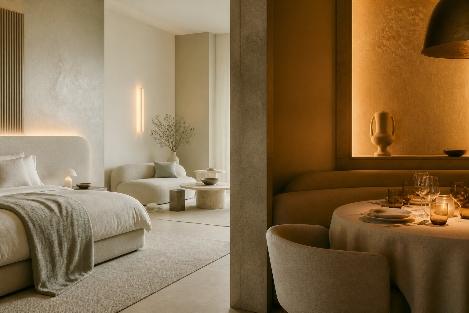 A calm pale suite transitioning into a warm intimate dining room